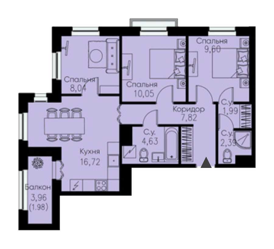 Трехкомнатная квартира в Евроинвест девелопмент: площадь 63.22 м2 , этаж: 3 – купить в Санкт-Петербурге